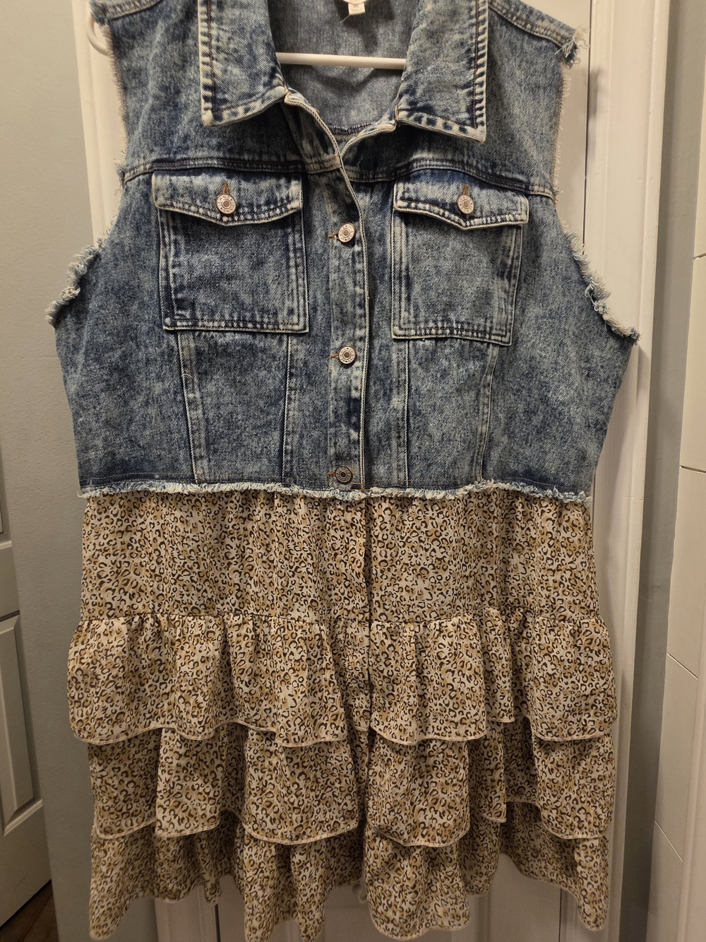 Women's Oddy Denim & Leopard Print Tiered Vest/Dress